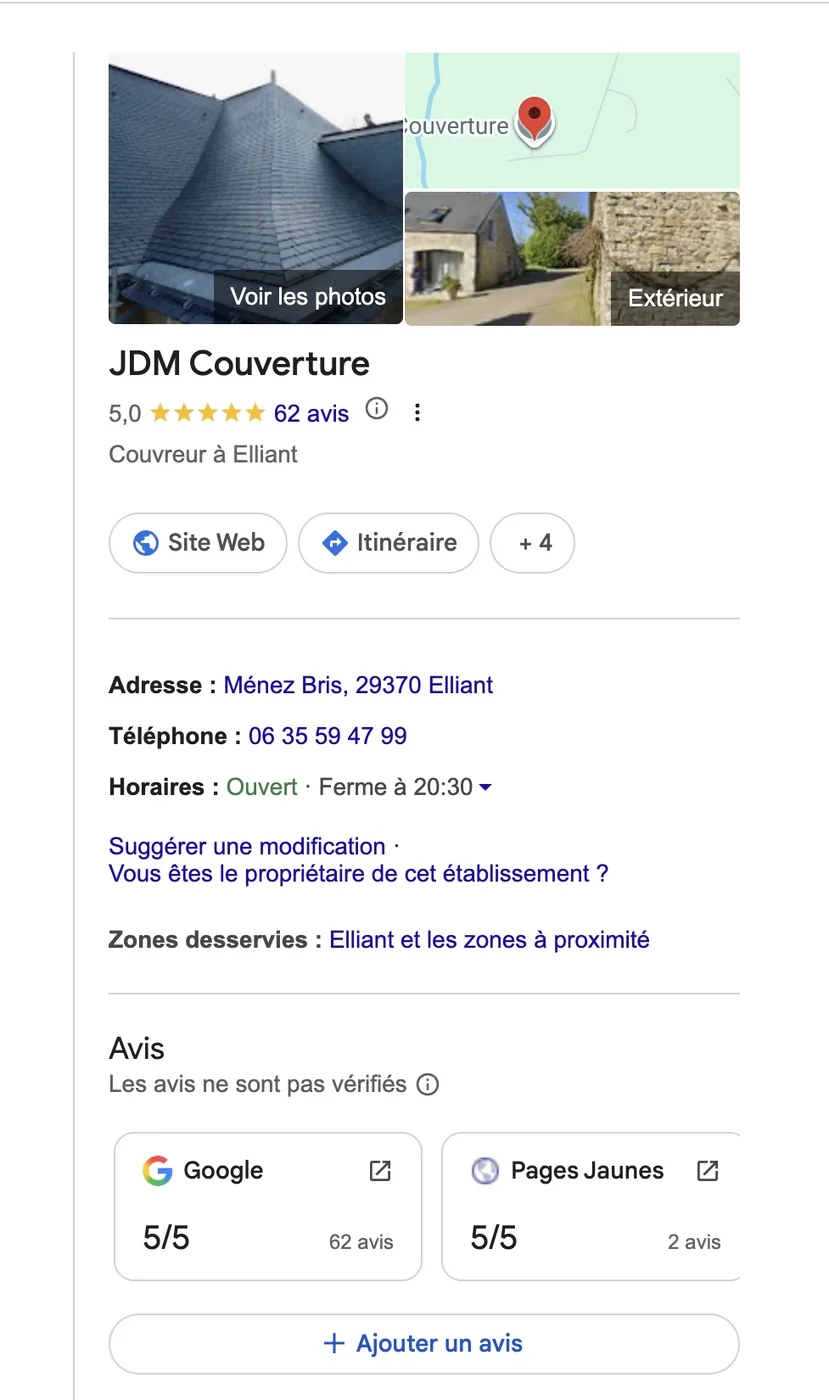 Fiche optimisée pour JDM Couverture, couvreur dans le Finistère, 5,0 étoiles sur 62 avis