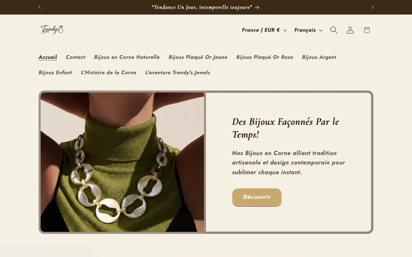 Page d'accueil de la boutique en ligne Trendy's Jewels, créée par l'agence PowerCom