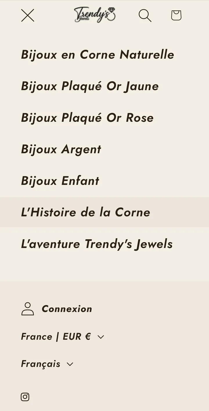 La boutique Trendy's Jewels affichée sur téléphone, écran 2 sur 6