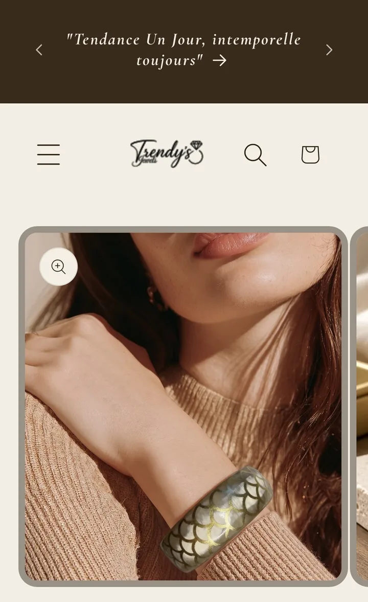 La boutique Trendy's Jewels affichée sur téléphone, écran 3 sur 6